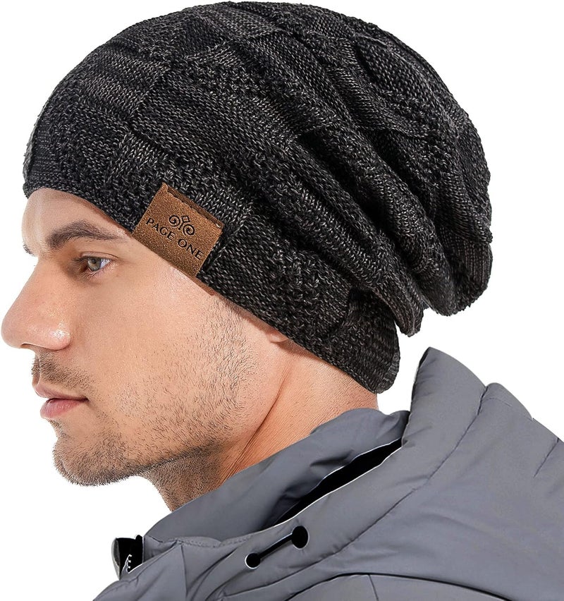 PAGE ONE Mens Winter Slouchy Beanie Warm Fleece Lined Skull Cap Baggy Cable Knit Hat - Image 3
